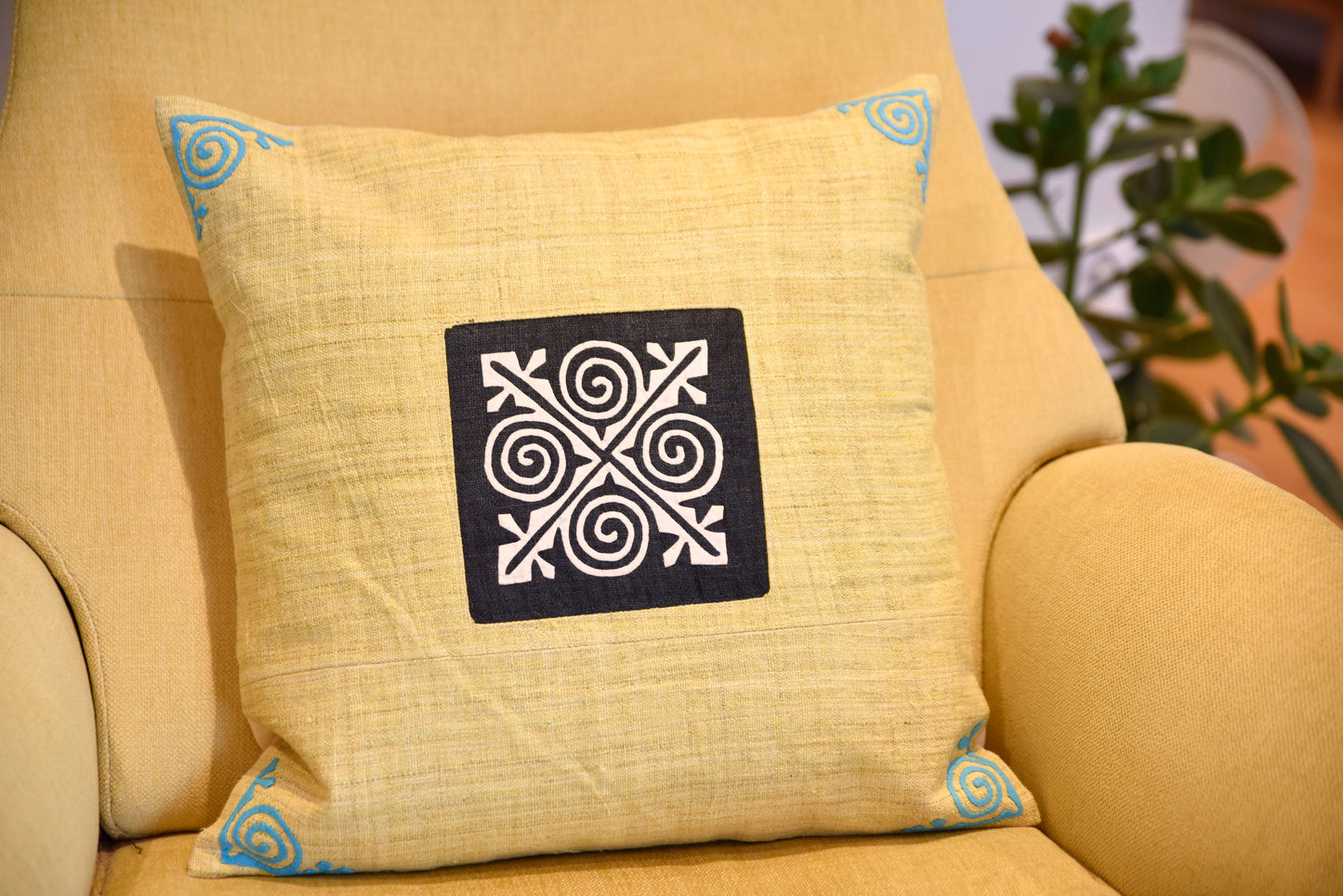 Hemp Yellow Cushion Cover, embroidered corners, black and white hand-embroidered patch