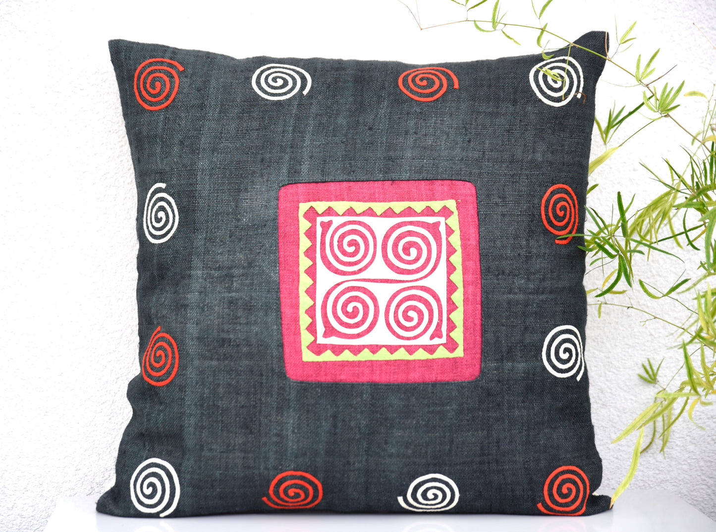 Black Cushion Cover (45x45 cm), embroidery along, black and white hand-embroidered patch