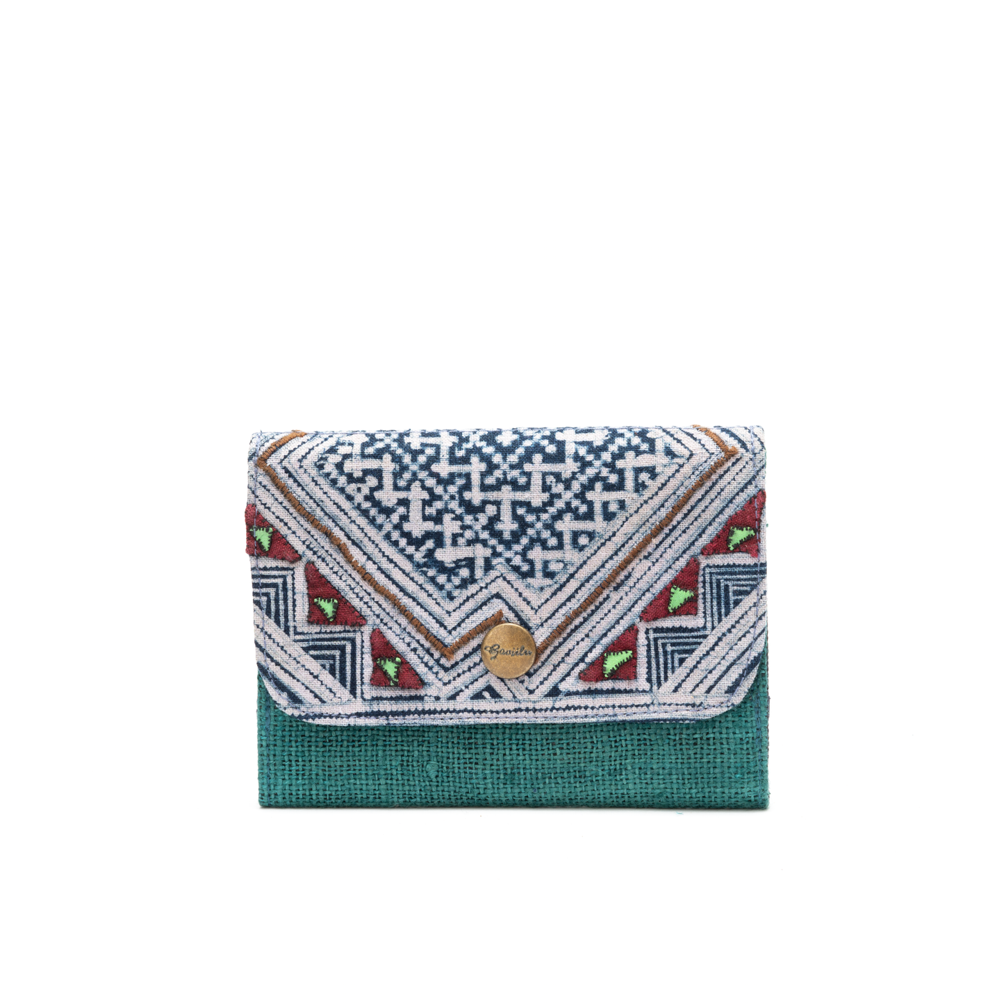 Emerald Green Hemp card holder, Indigo Batik fabric