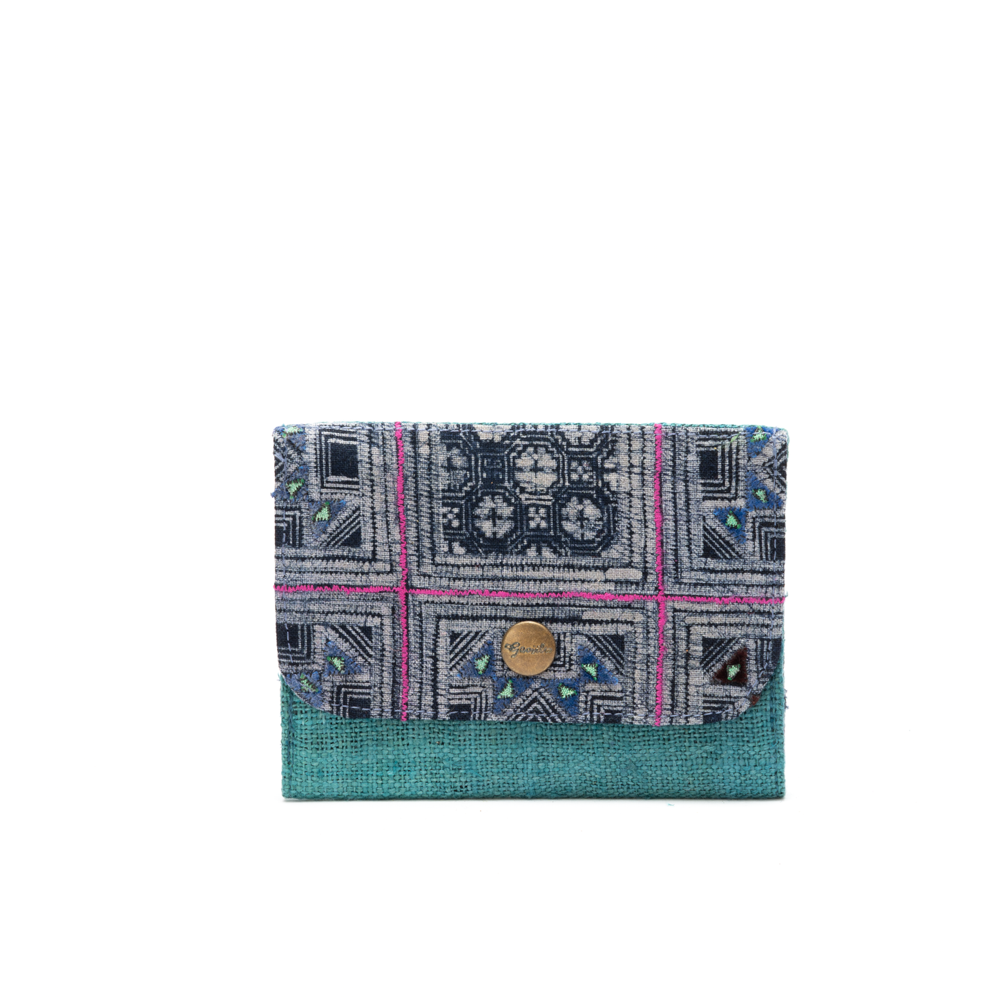 Emerald Green Hemp card holder, Indigo Batik fabric