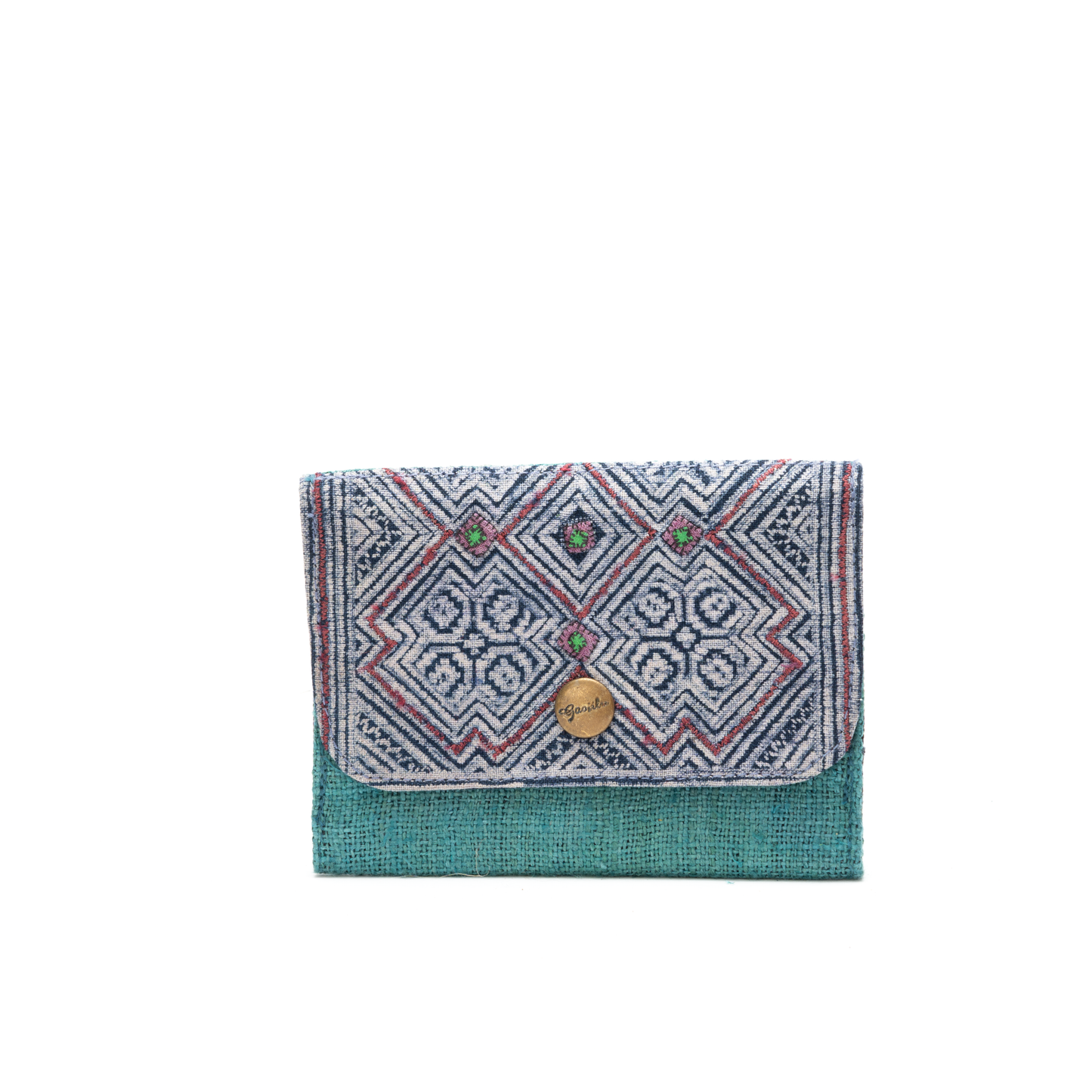 Emerald Green Hemp card holder, Indigo Batik fabric