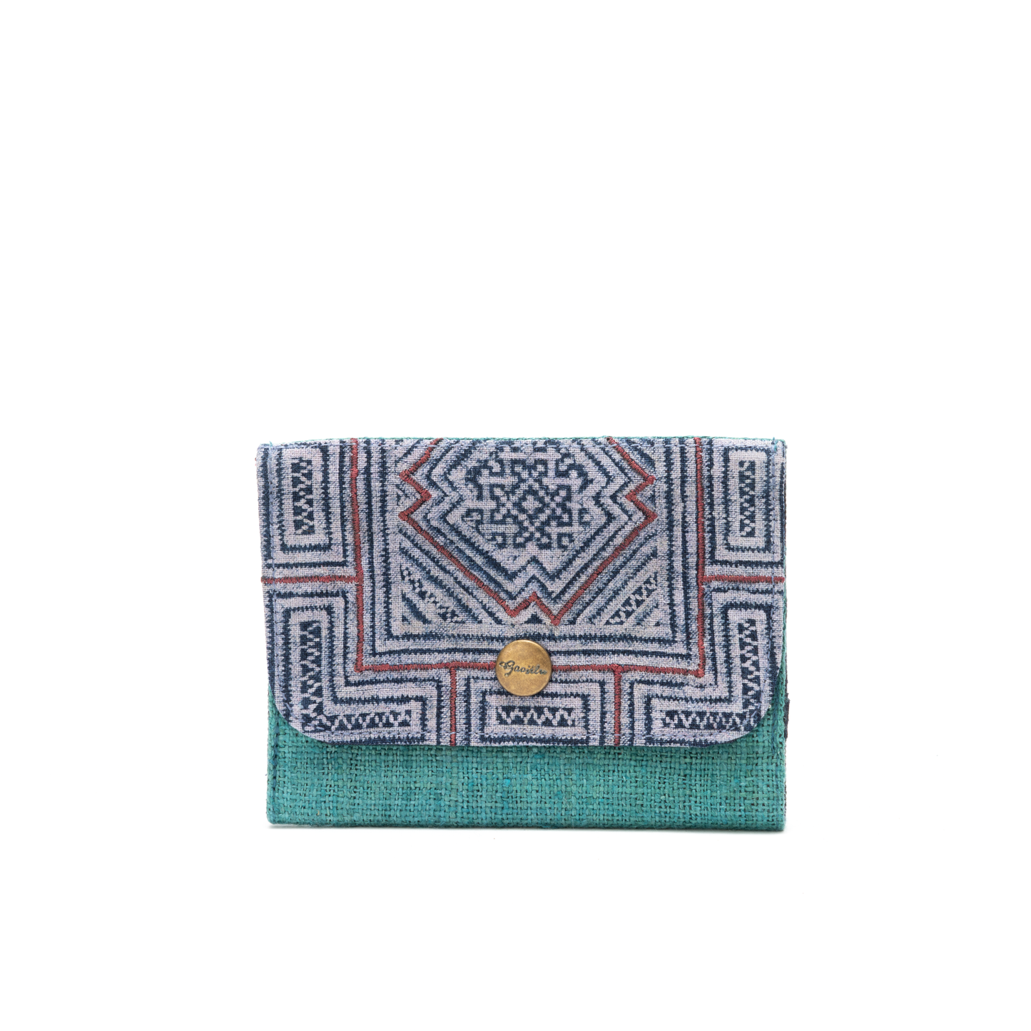 Emerald Green Hemp card holder, Indigo Batik fabric