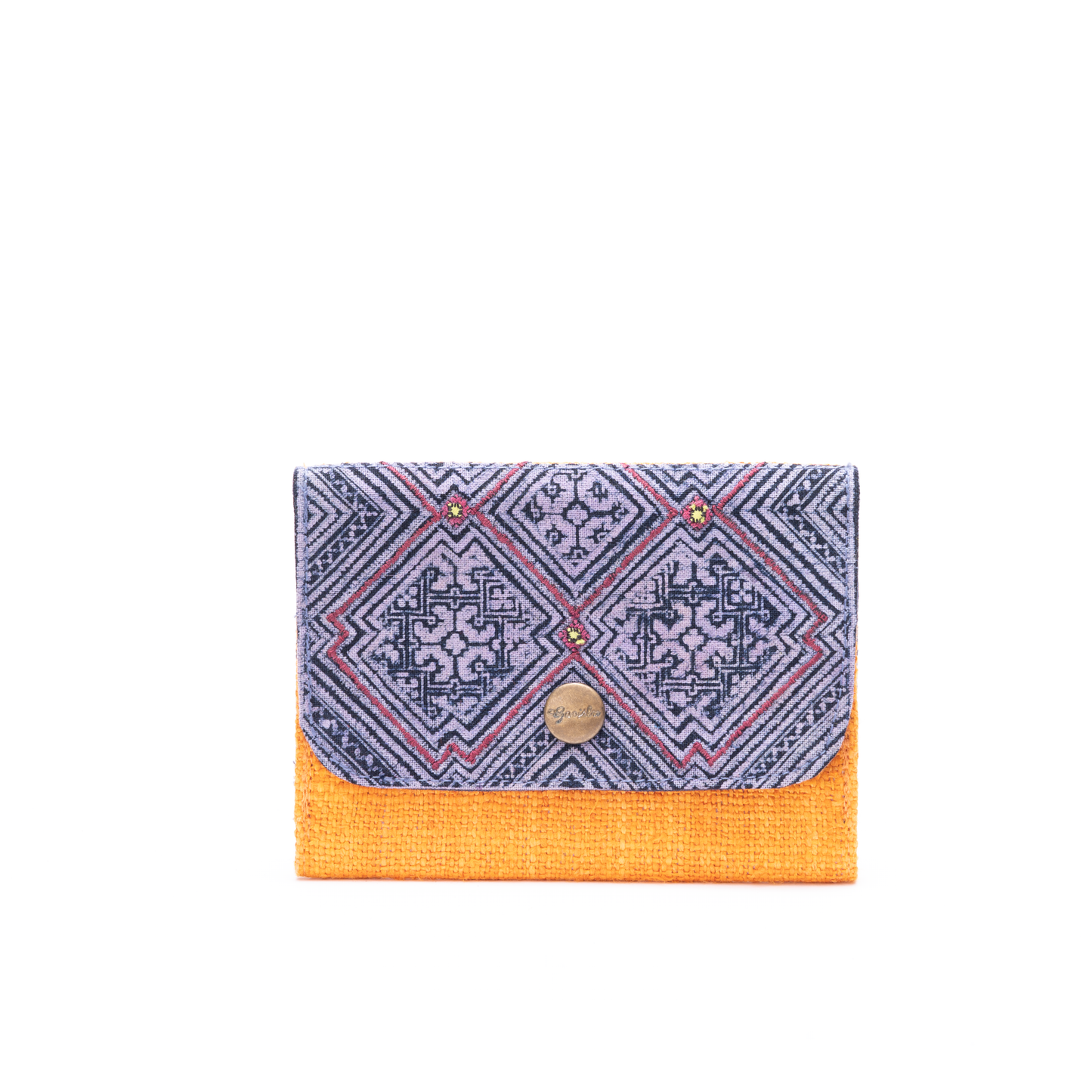 Orange Hemp card holder, Indigo Batik fabric