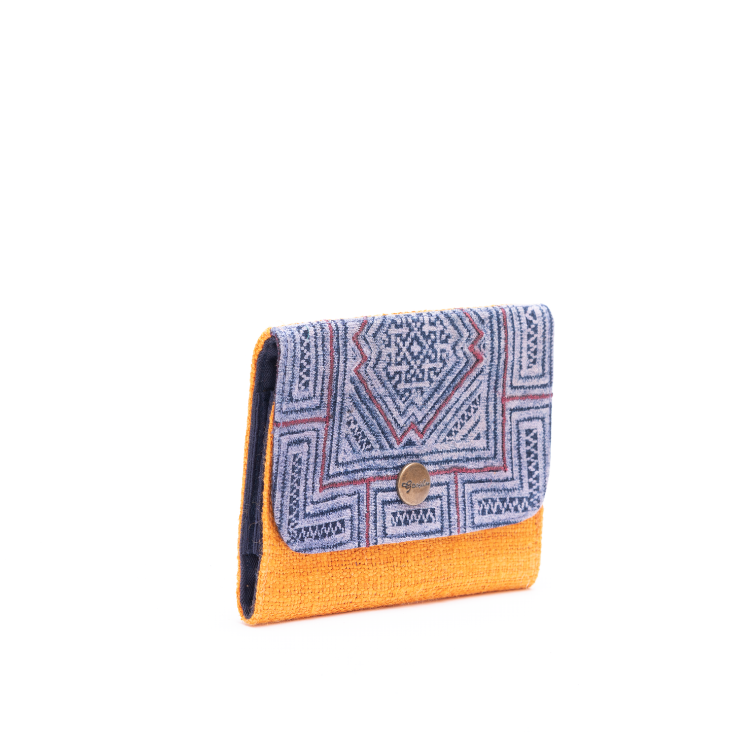 Orange Hemp card holder, Indigo Batik fabric