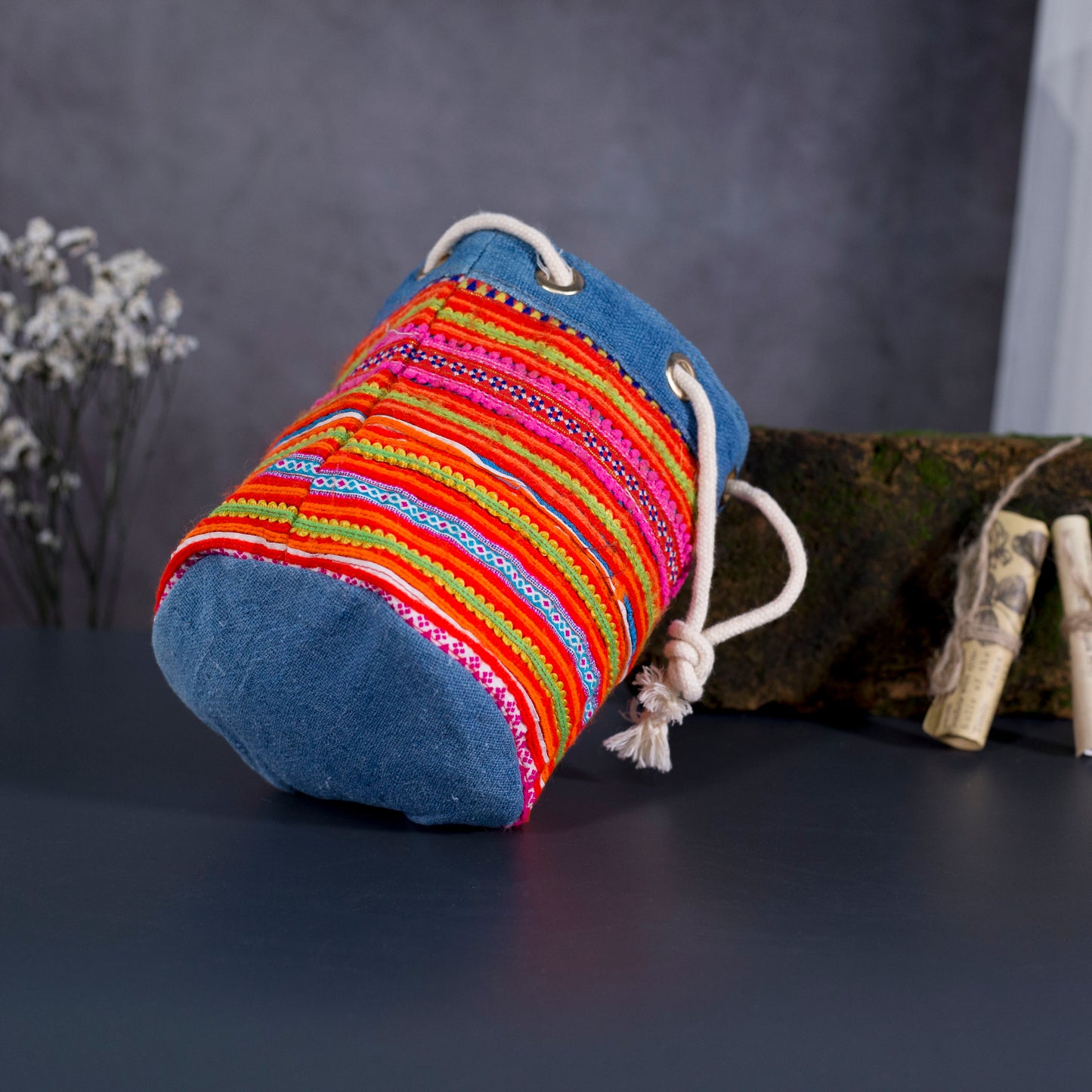 Mini hemp cosmetic bag, Indigo trim and H'mong fabric stripes