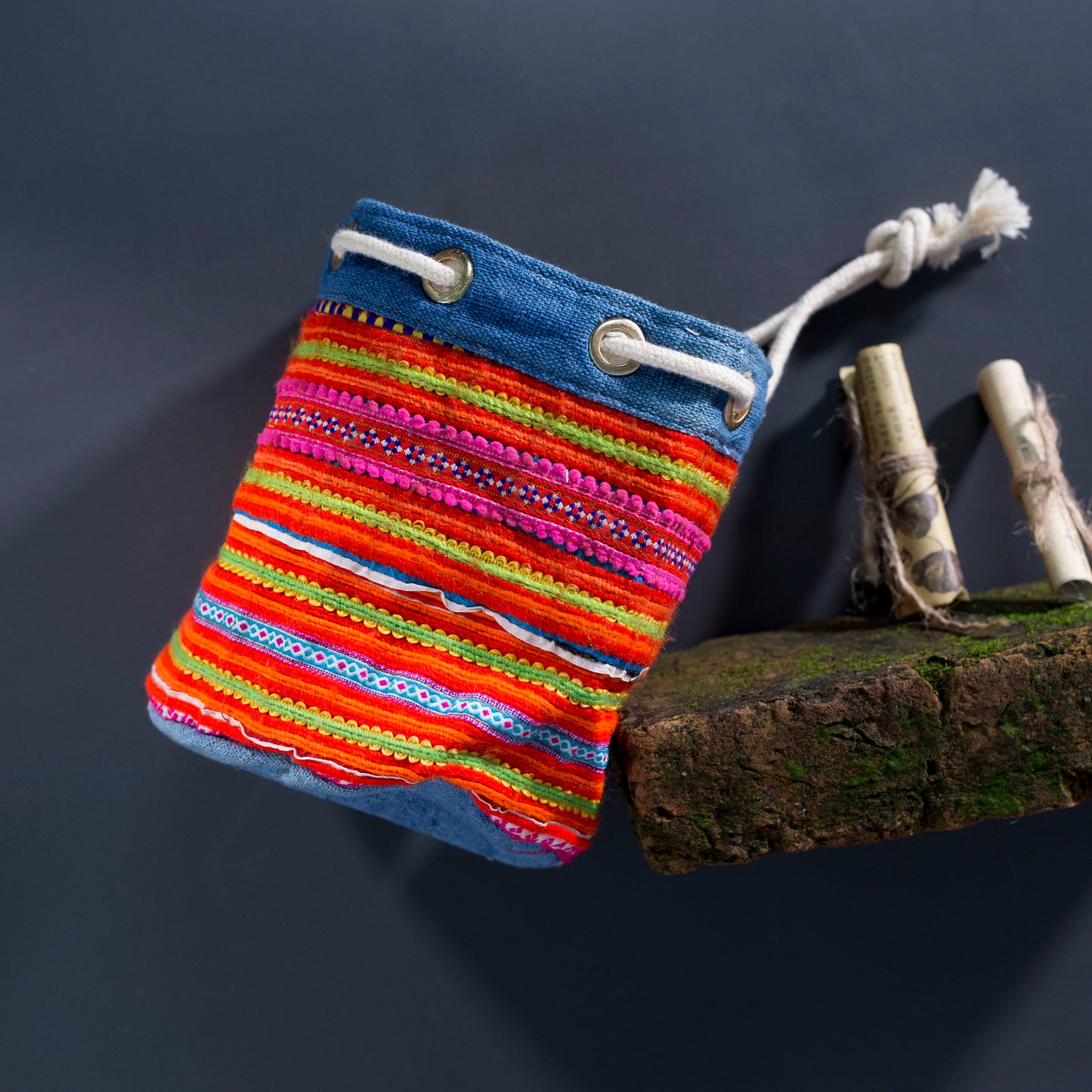 Mini hemp cosmetic bag, Indigo trim and H'mong fabric stripes