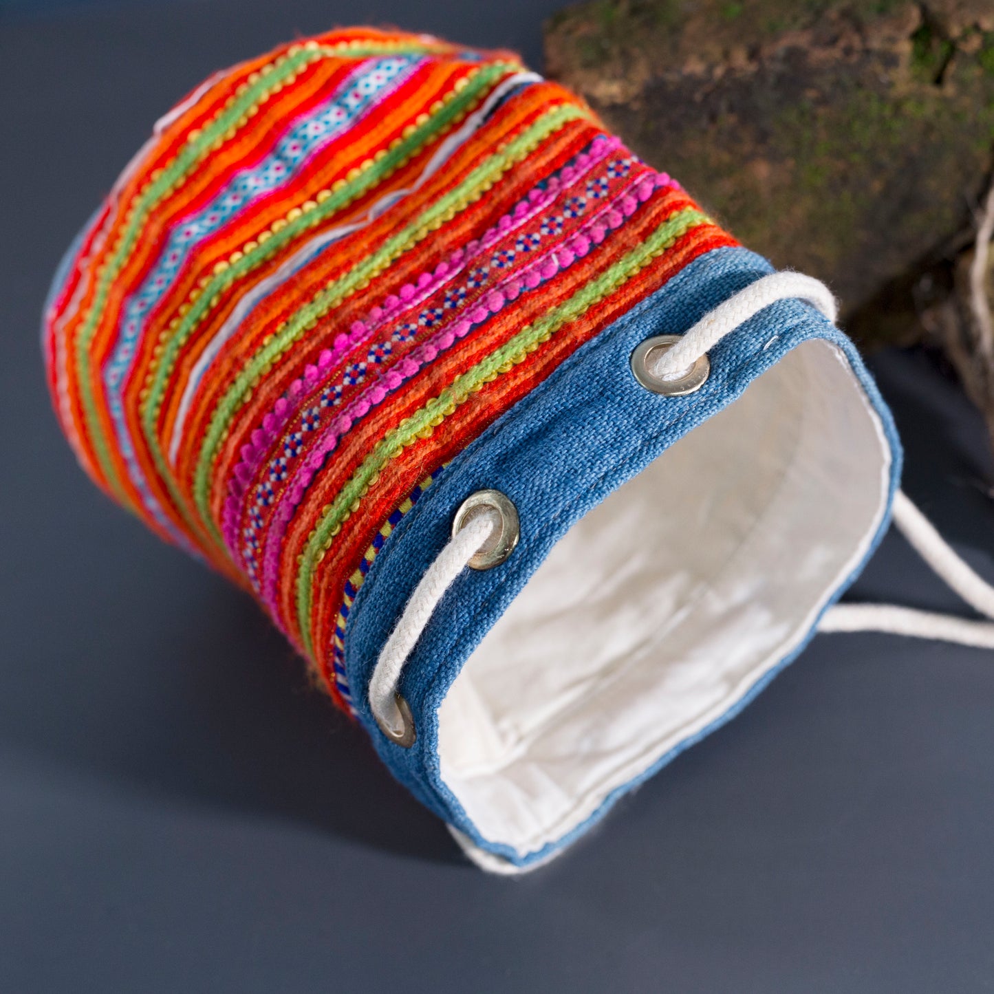 Mini hemp cosmetic bag, Indigo trim and H'mong fabric stripes