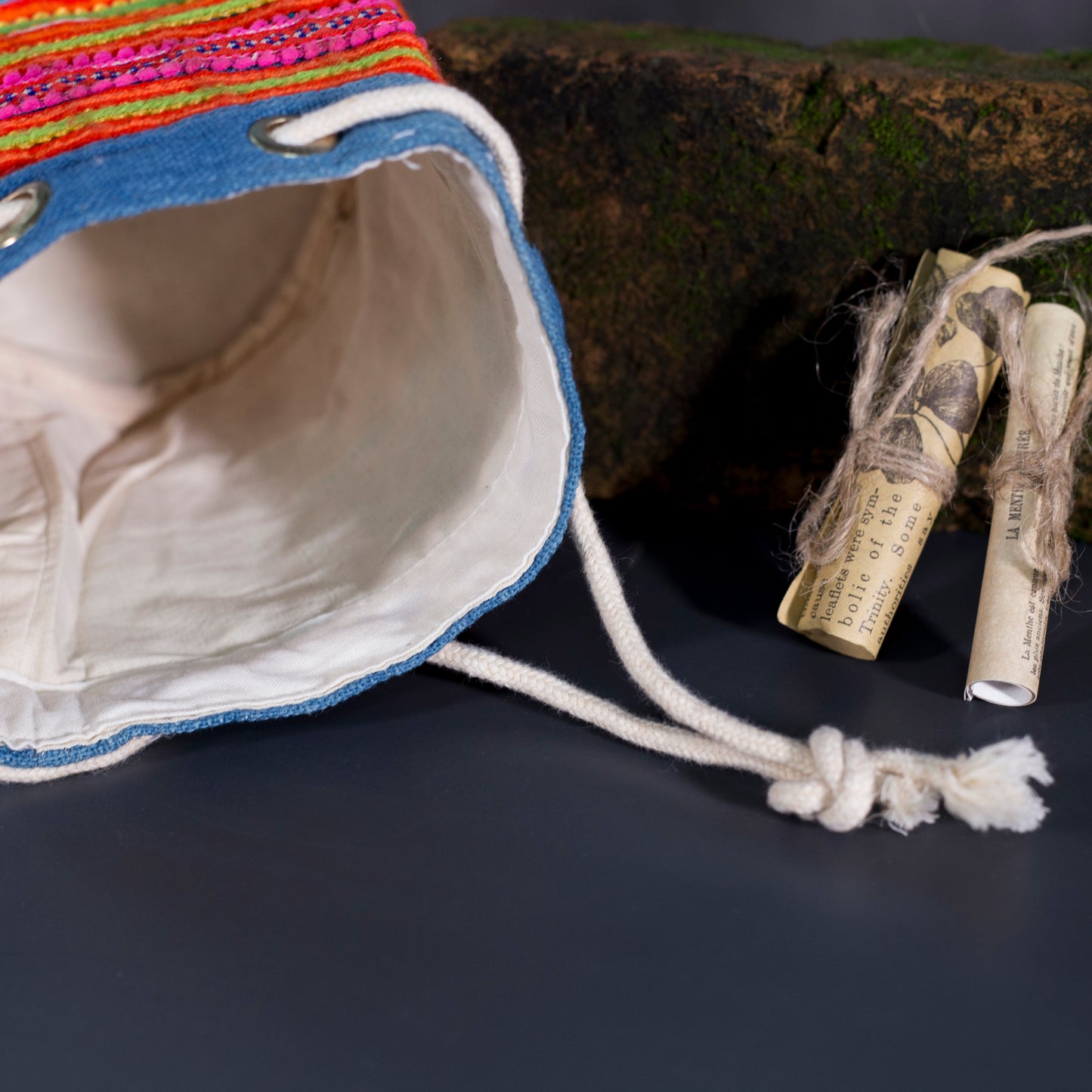 Mini hemp cosmetic bag, Indigo trim and H'mong fabric stripes