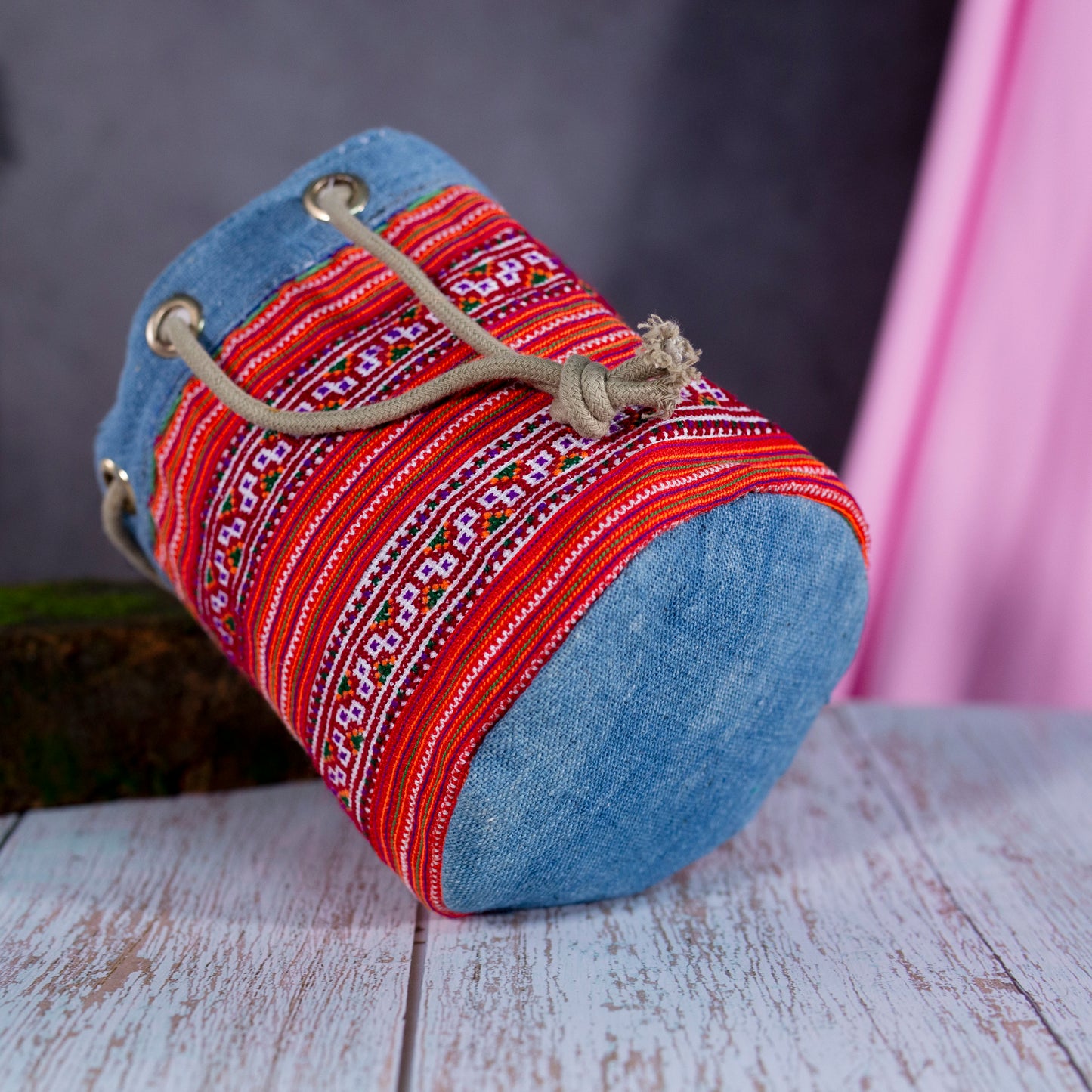 Mini hemp cosmetic bag, Indigo trim and H'mong pattern