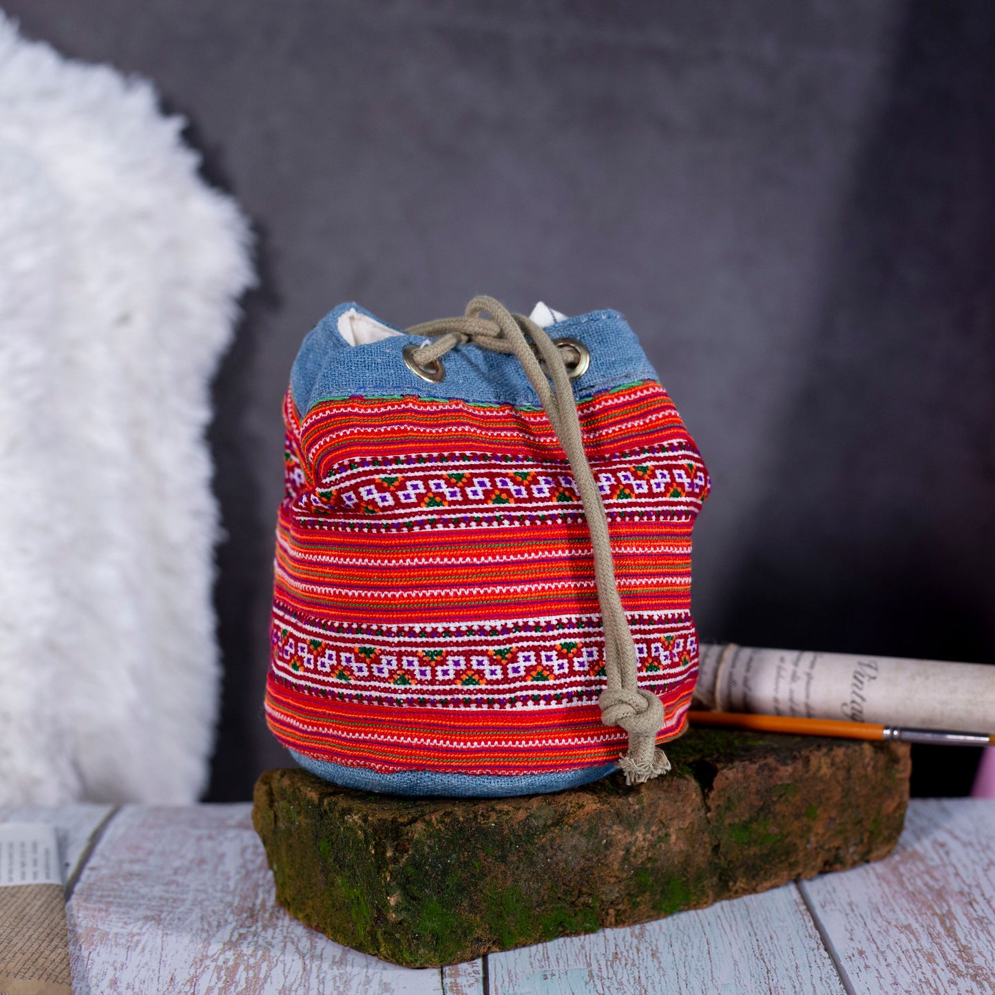 Mini hemp cosmetic bag, Indigo trim and H'mong pattern