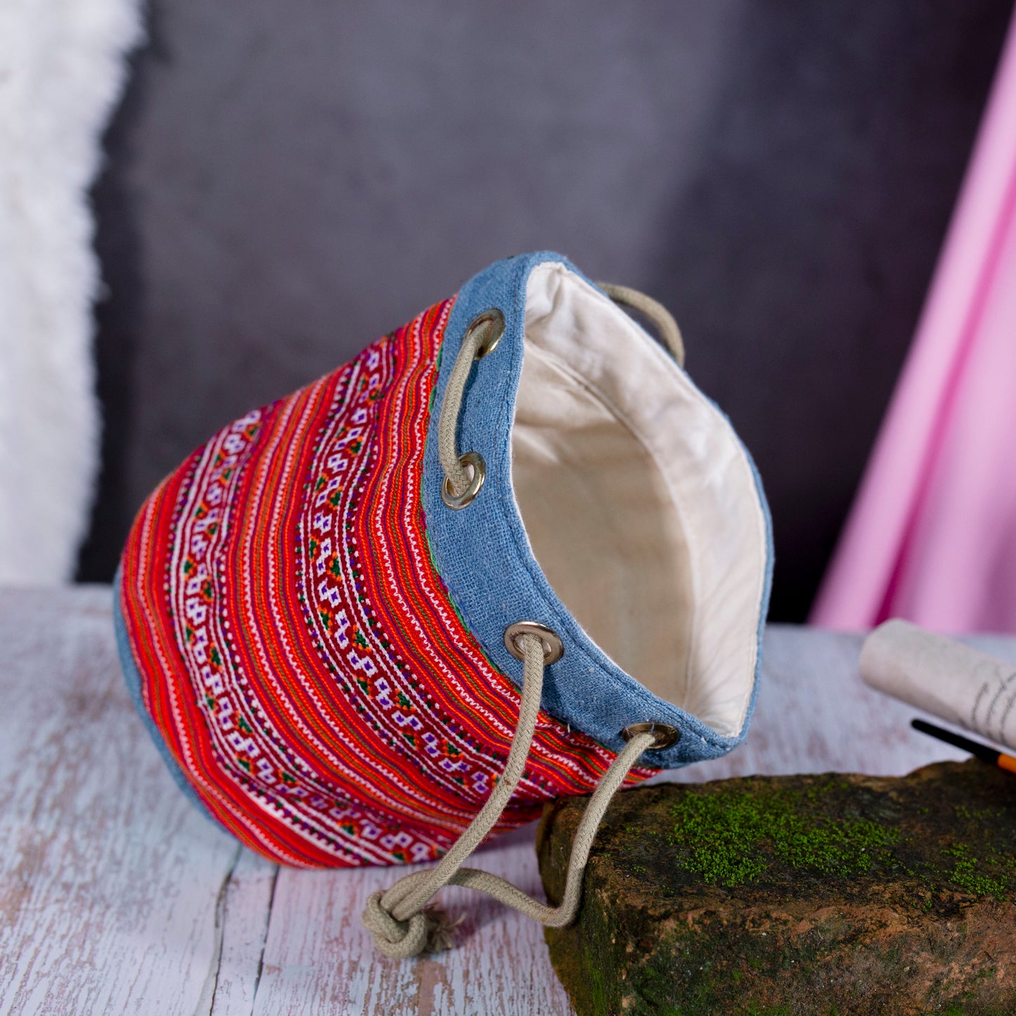 Mini hemp cosmetic bag, Indigo trim and H'mong pattern