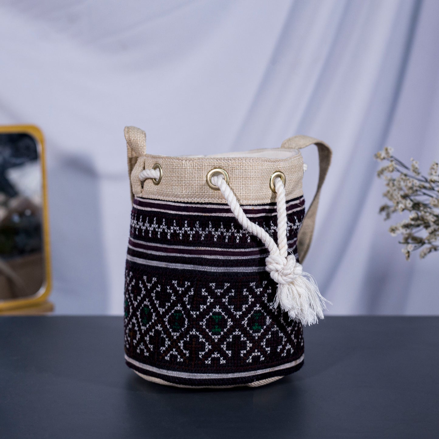 Mini cosmetic bag, brown embroidery, string to use as cross-shoulder bag