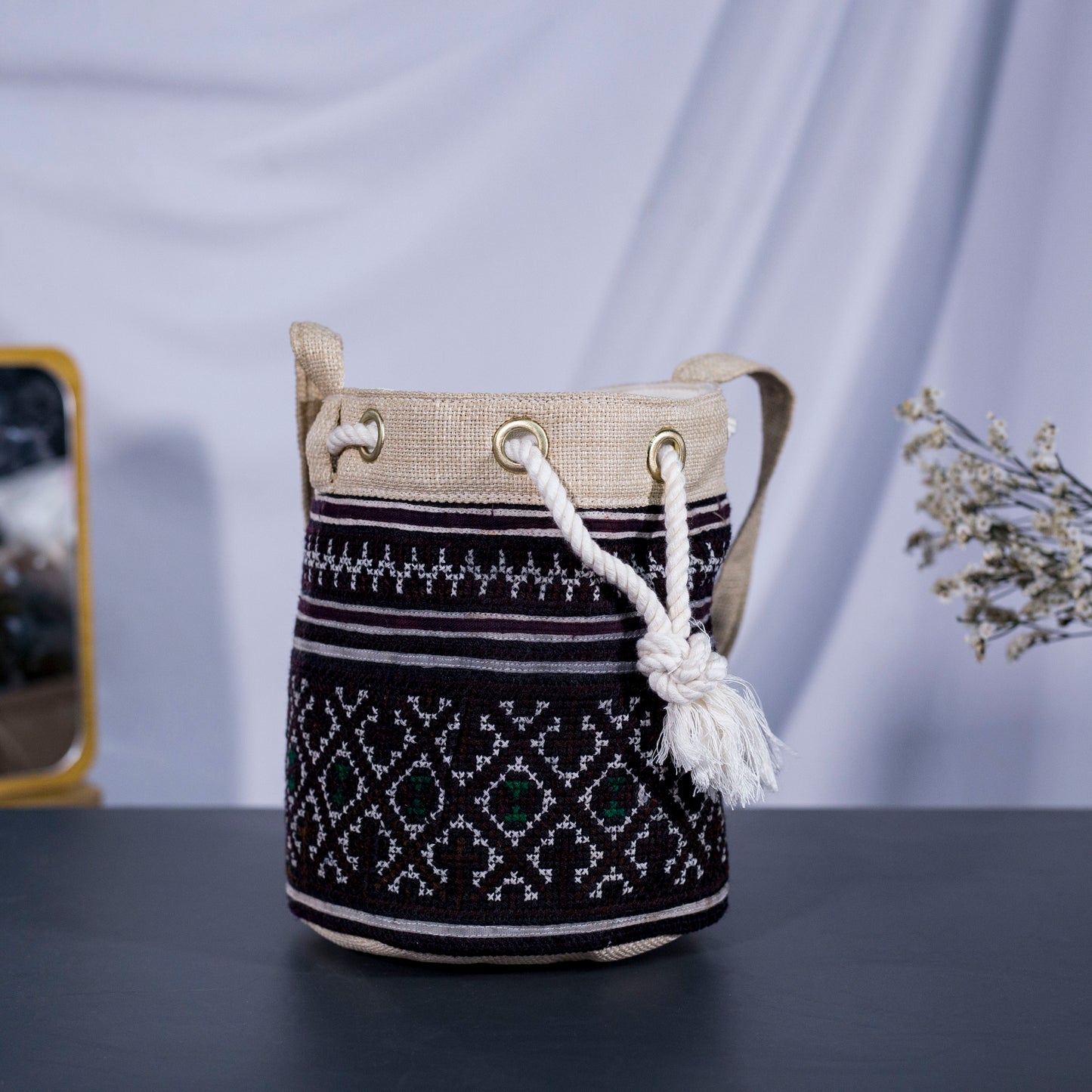 Mini cosmetic bag, brown embroidery, string to use as cross-shoulder bag