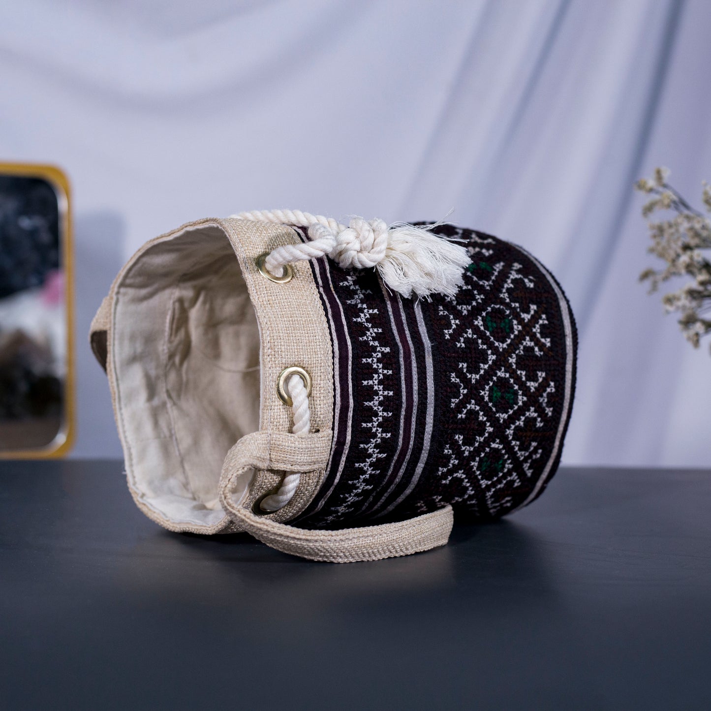 Mini cosmetic bag, brown embroidery, string to use as cross-shoulder bag