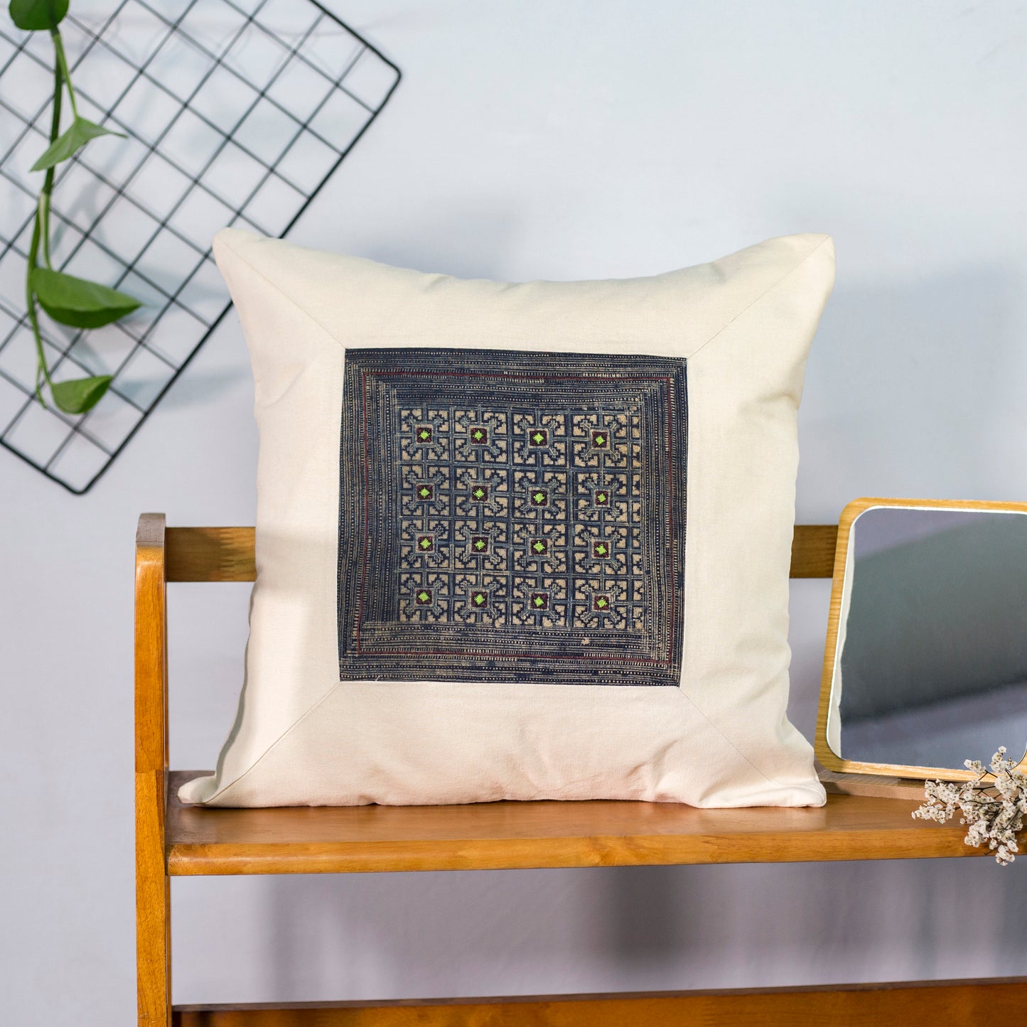 Unique Pattern, White Linen Cushion Cover, H'mong vintage cloth, batik painting pattern