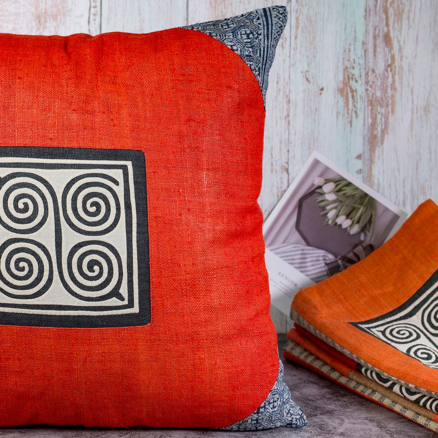 Red Hemp Cushion Cover, beeswax batik at corner, red hand-embroidered patch