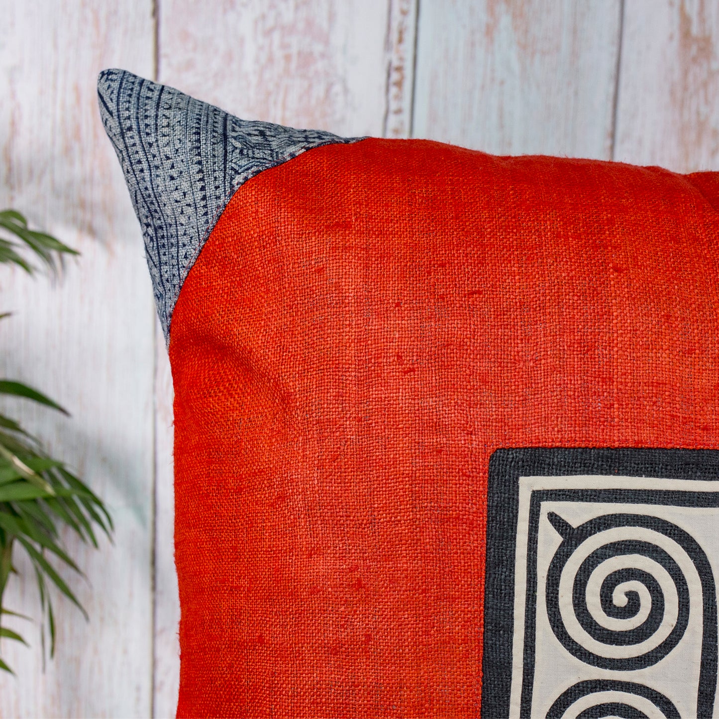 Red Hemp Cushion Cover, beeswax batik at corner, red hand-embroidered patch