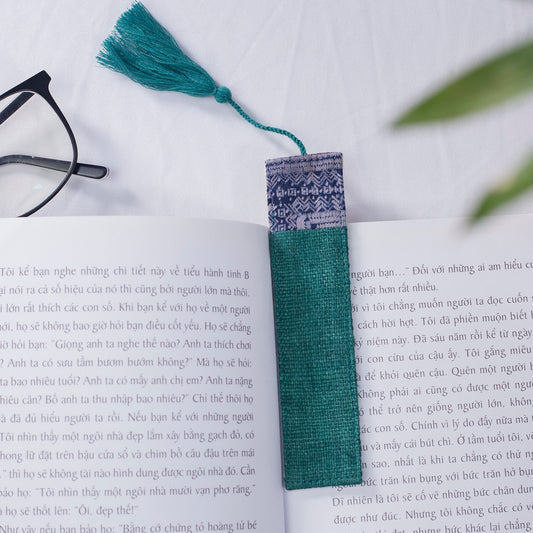 Hemp green bookmark with vintage batik patch