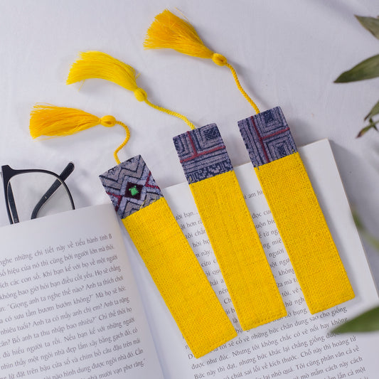 Hemp yellow bookmark with vintage batik patch