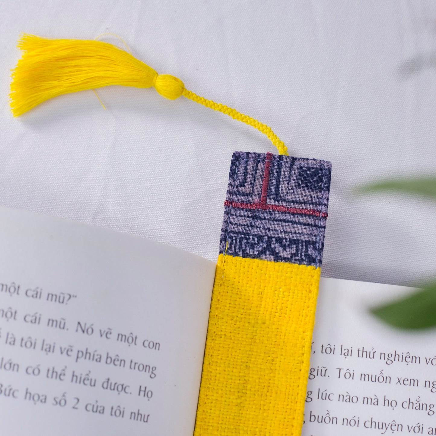 Hemp yellow bookmark with vintage batik patch