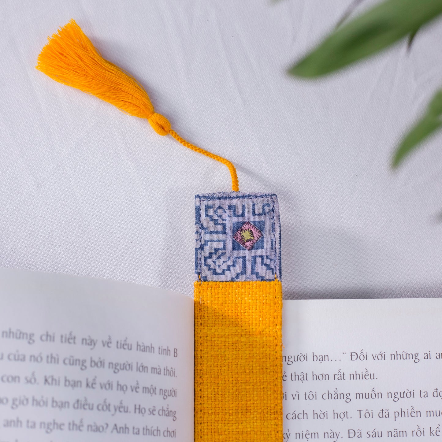 Hemp orange bookmark with vintage batik patch