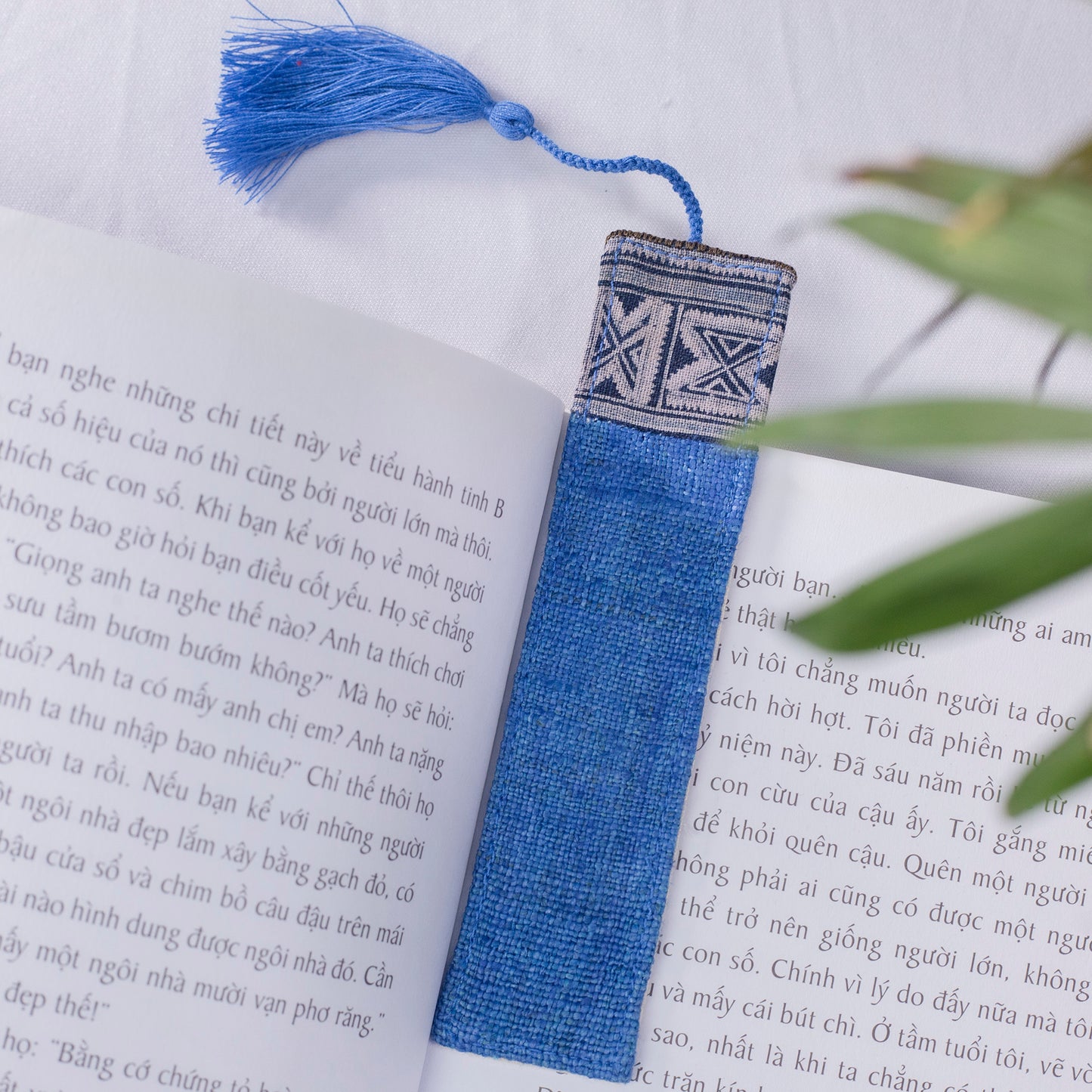 Hemp indigo blue bookmark with vintage batik patch