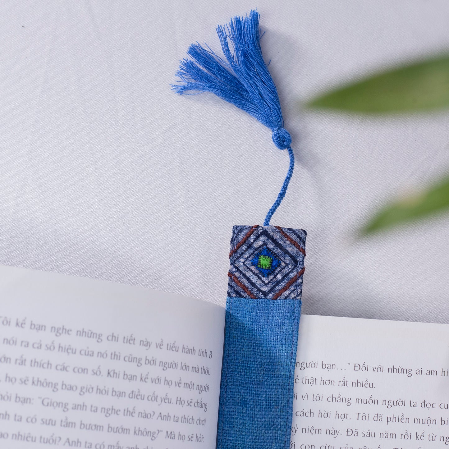 Hemp indigo blue bookmark with vintage batik patch