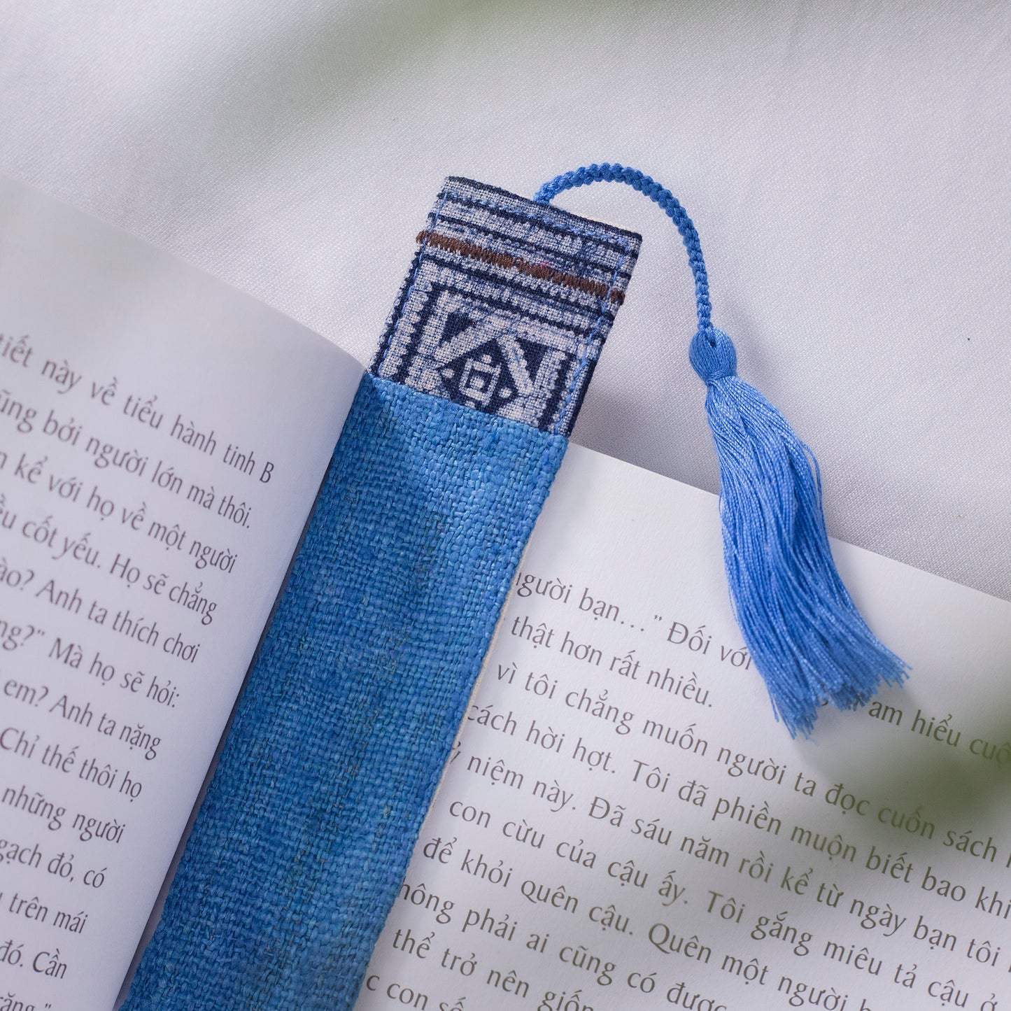 Hemp indigo blue bookmark with vintage batik patch