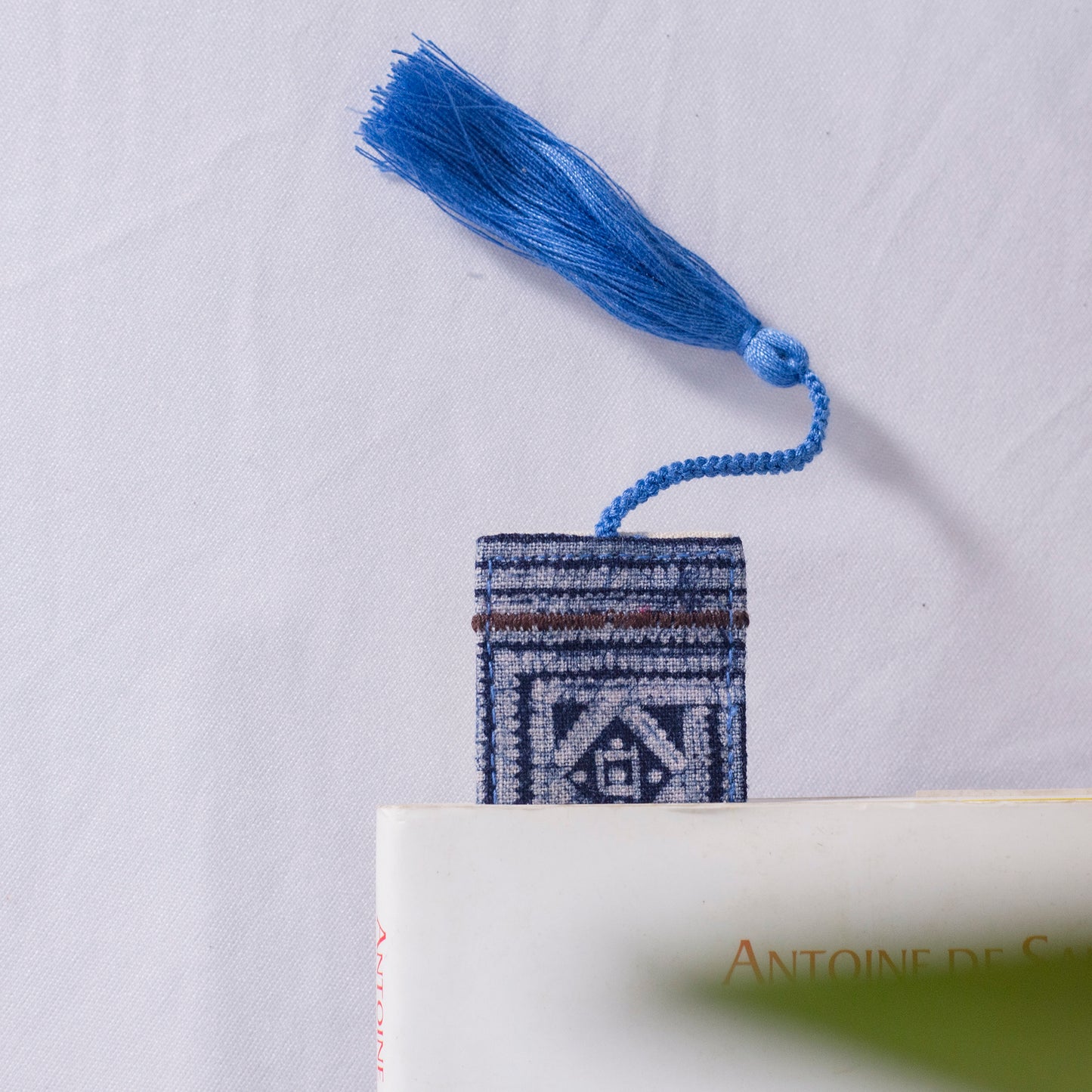 Hemp indigo blue bookmark with vintage batik patch