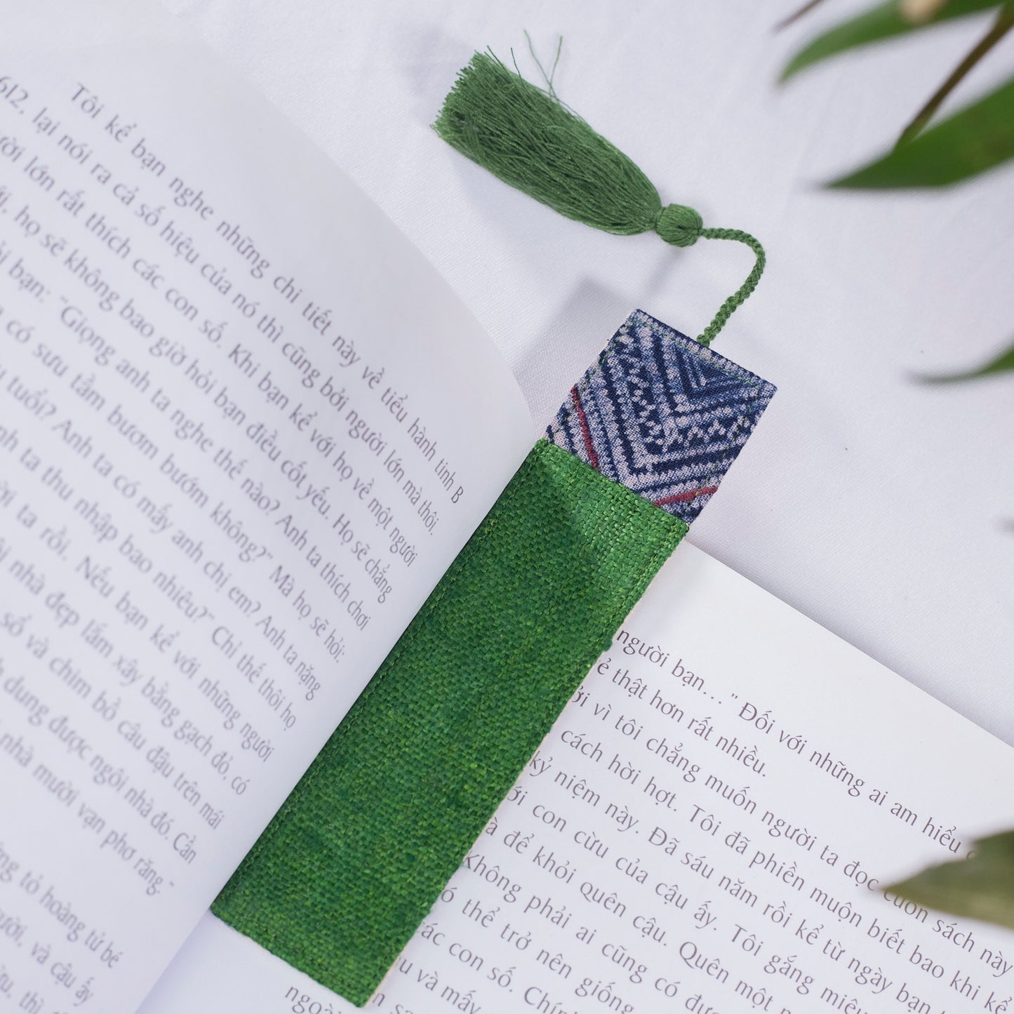 Hemp dark green bookmark with vintage batik patch