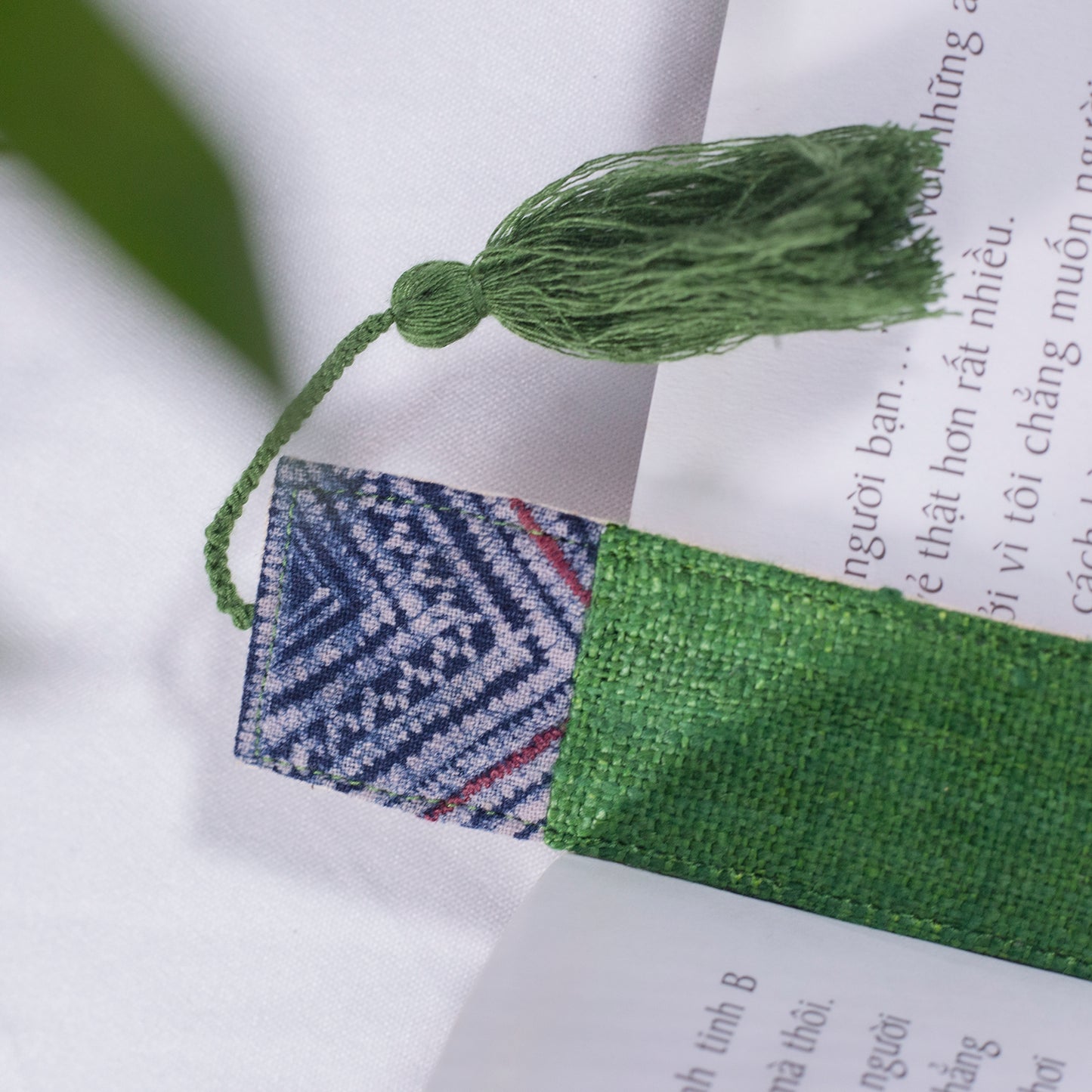 Hemp dark green bookmark with vintage batik patch