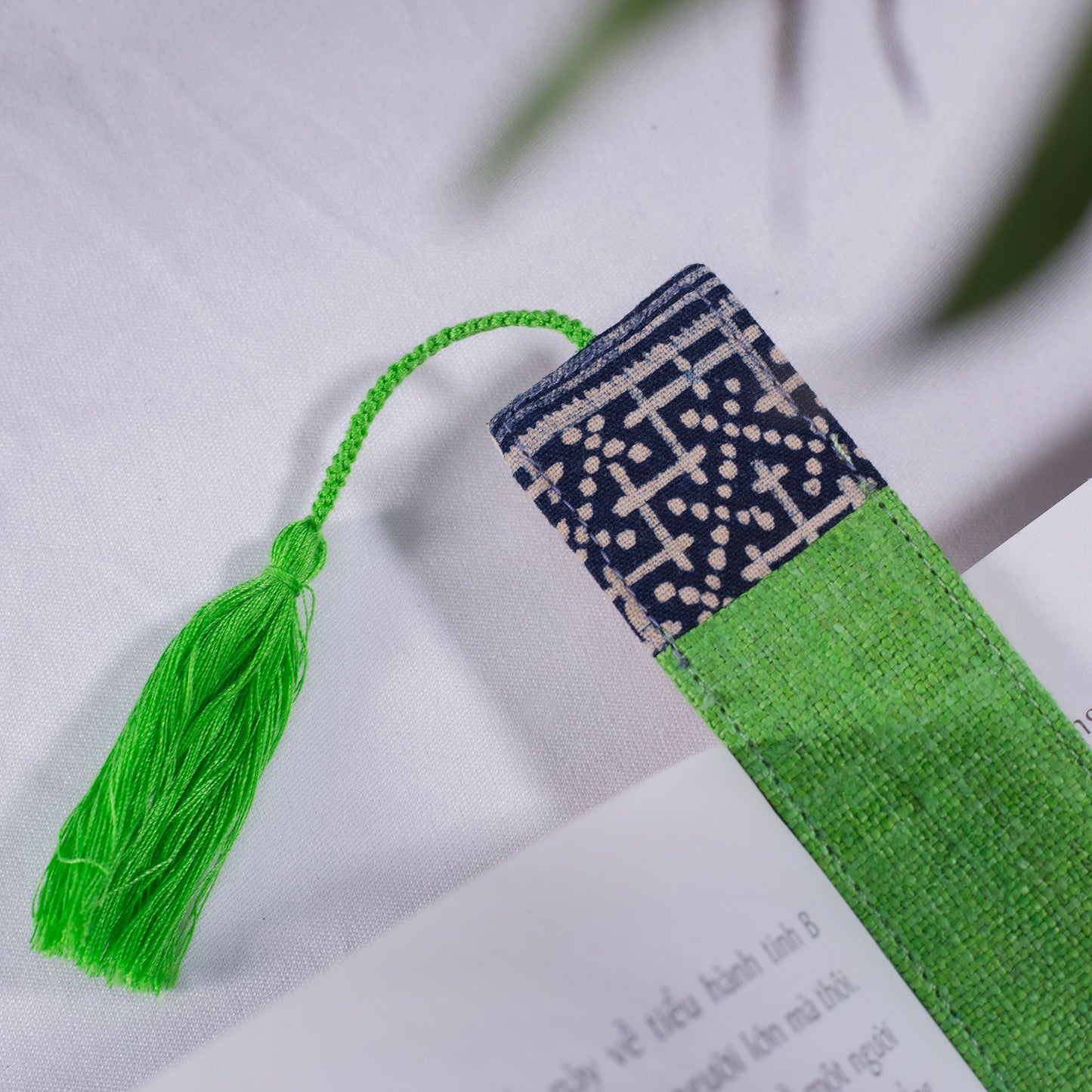 Hemp dark green bookmark with vintage batik patch