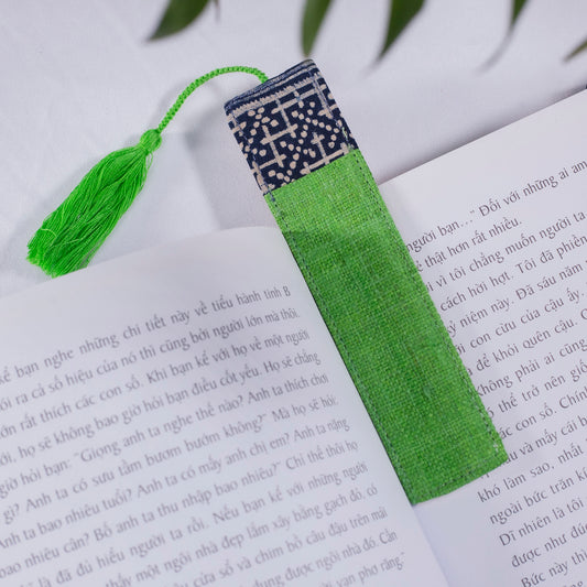 Hemp bright green bookmark with vintage batik patch