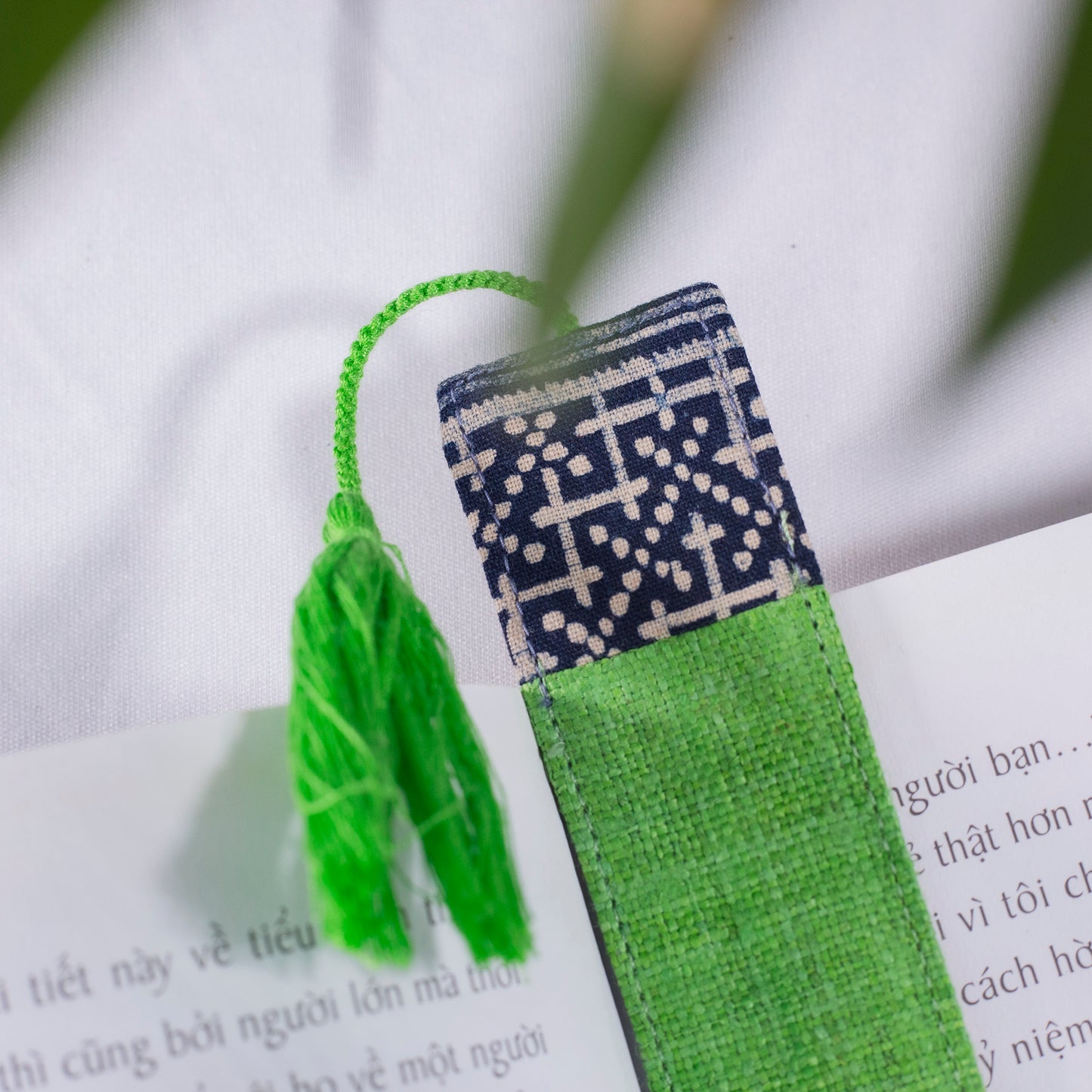 Hemp bright green bookmark with vintage batik patch