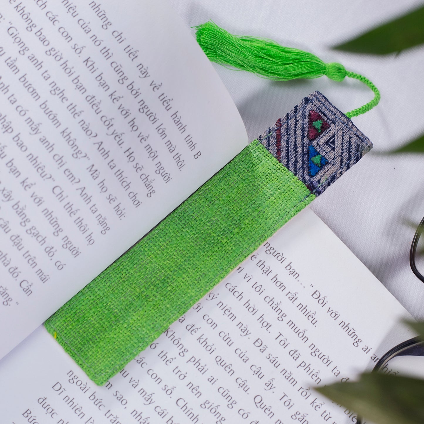 Hemp bright green bookmark with vintage batik patch