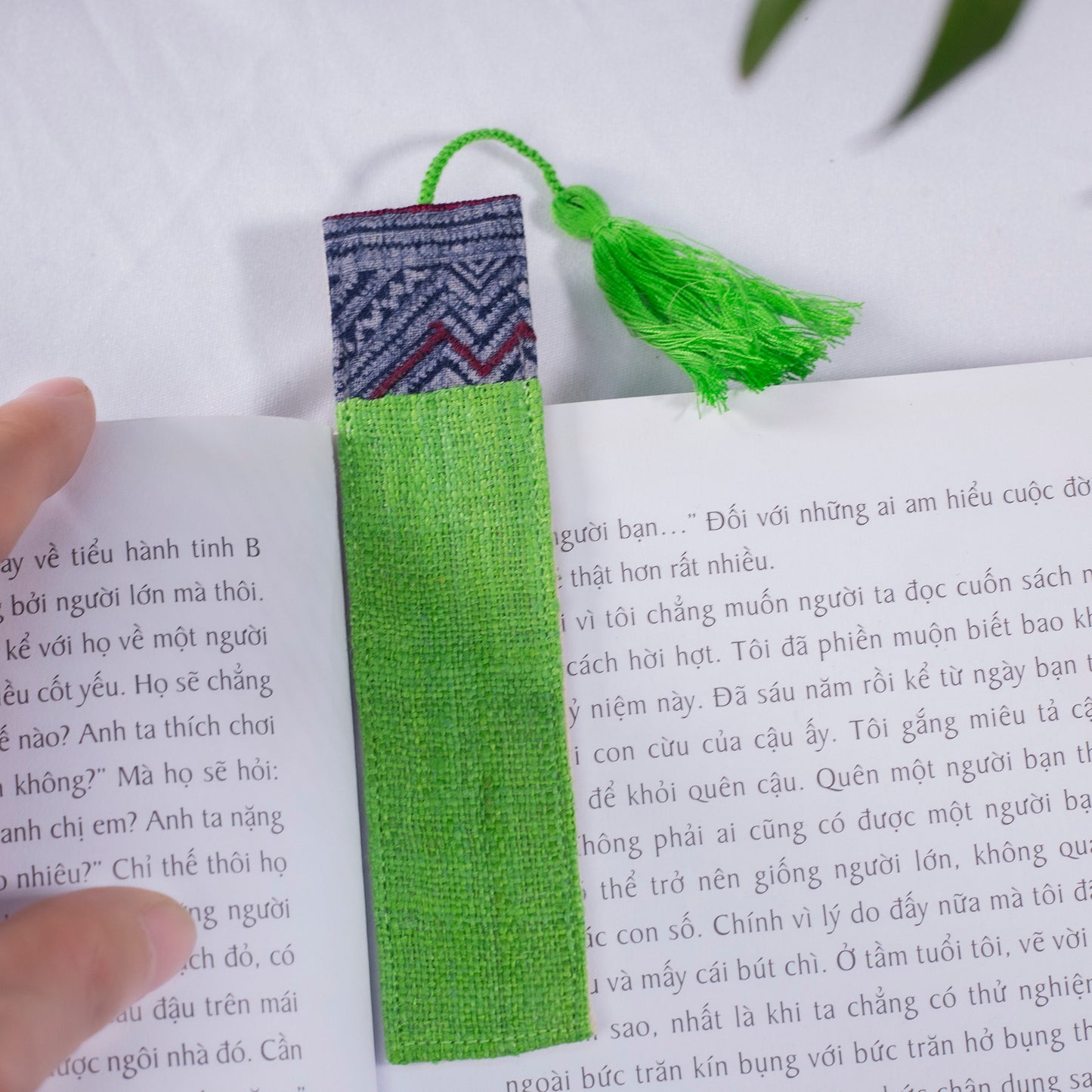 Hemp bright green bookmark with vintage batik patch