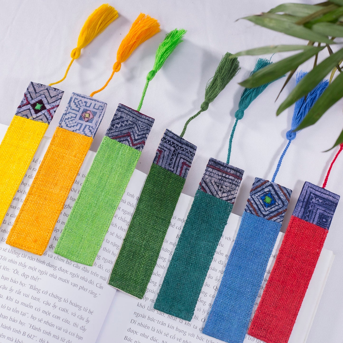 Hemp bright green bookmark with vintage batik patch