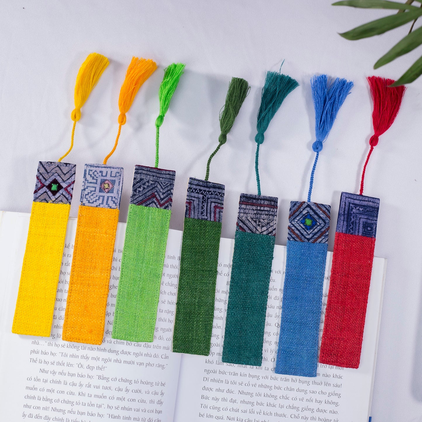 Hemp indigo blue bookmark with vintage batik patch