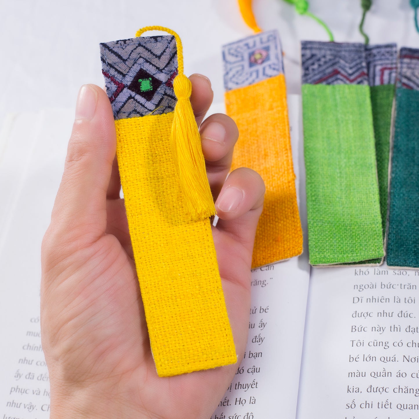 Hemp yellow bookmark with vintage batik patch