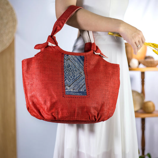 Bunny ear handbag, natural hemp in RED with vintage patch