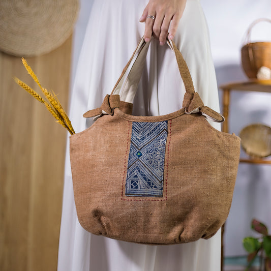 Bunny ear handbag, natural hemp in BROWN with vintage patch