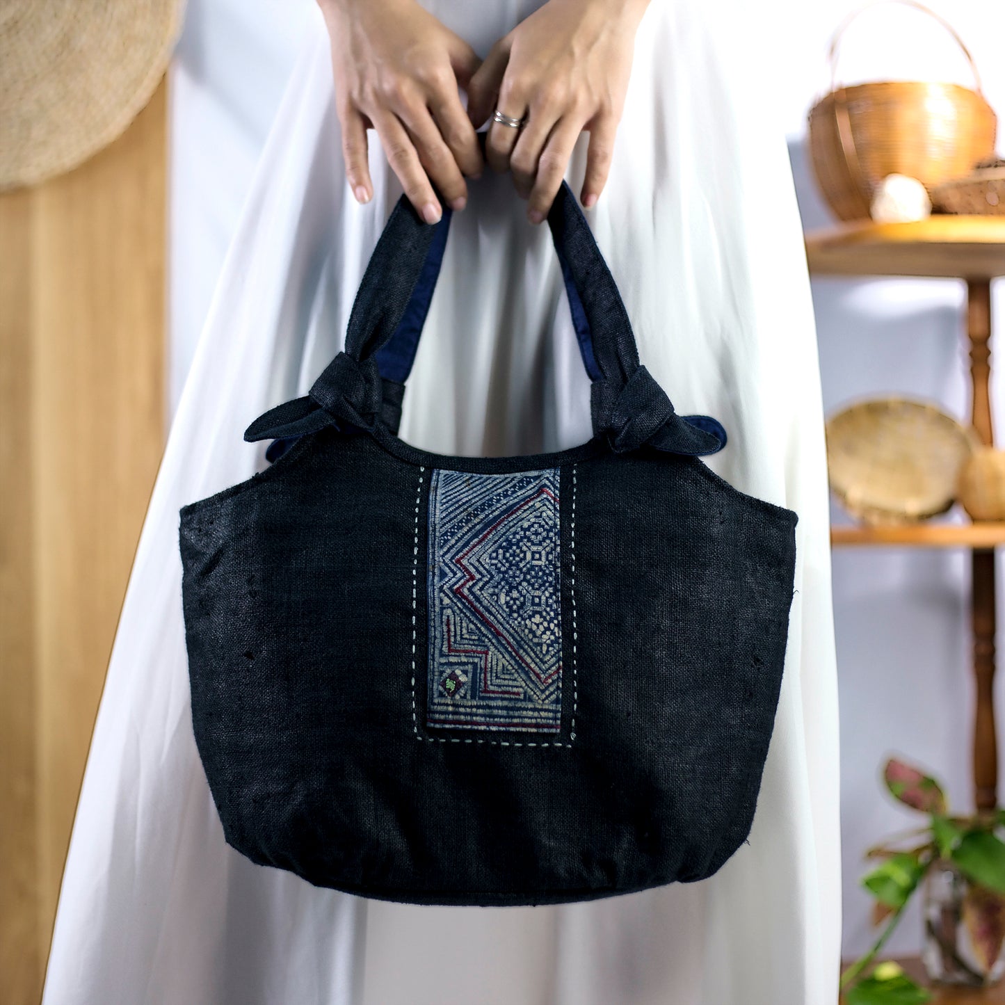 Bunny ear handbag, natural hemp in BLACK with vintage patch