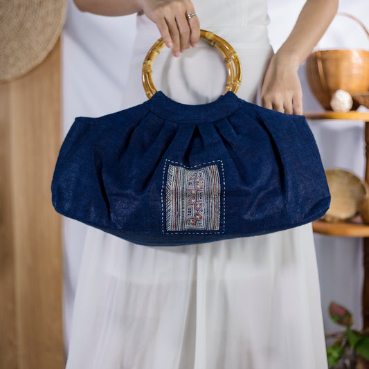 Bamboo handle bag, natural hemp in INDIGO BLUE with vintage patch