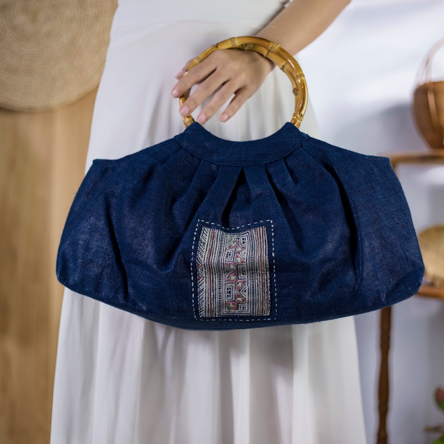 Bamboo handle bag, natural hemp in INDIGO BLUE with vintage patch