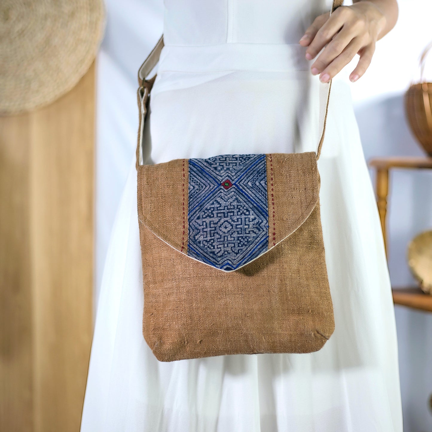 Purity Collection: Cross-body bag, natural hemp in BROWN with vintage patch