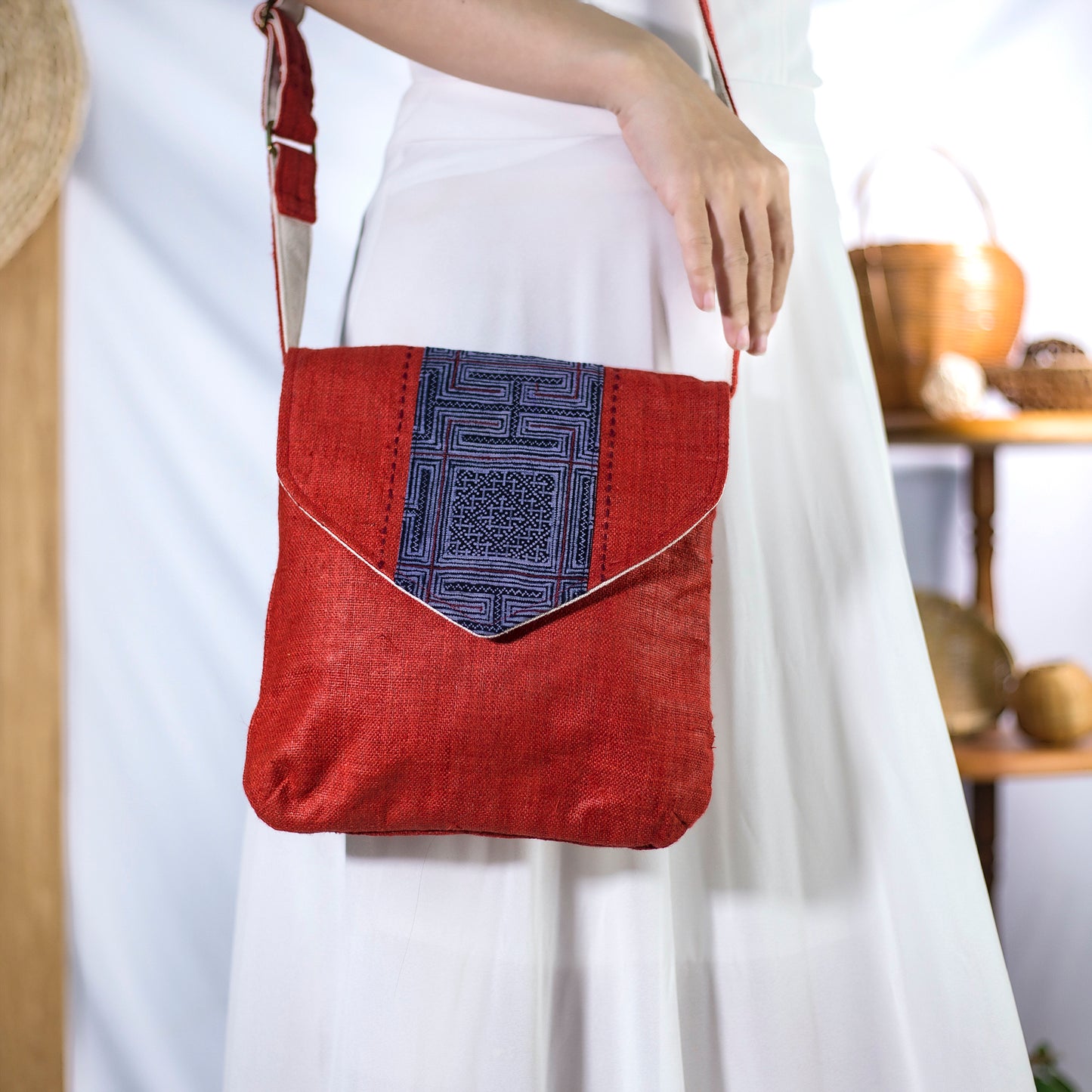 Purity Collection: Cross-body bag, natural hemp in RED, vintage patch