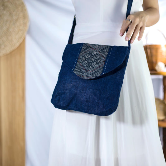 Purity Collection: Cross-body bag, natural hemp in BLUE, vintage patch