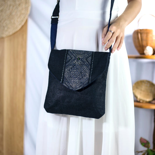 Purity Collection: Cross-body bag, natural hemp in BLACK with vintage patch