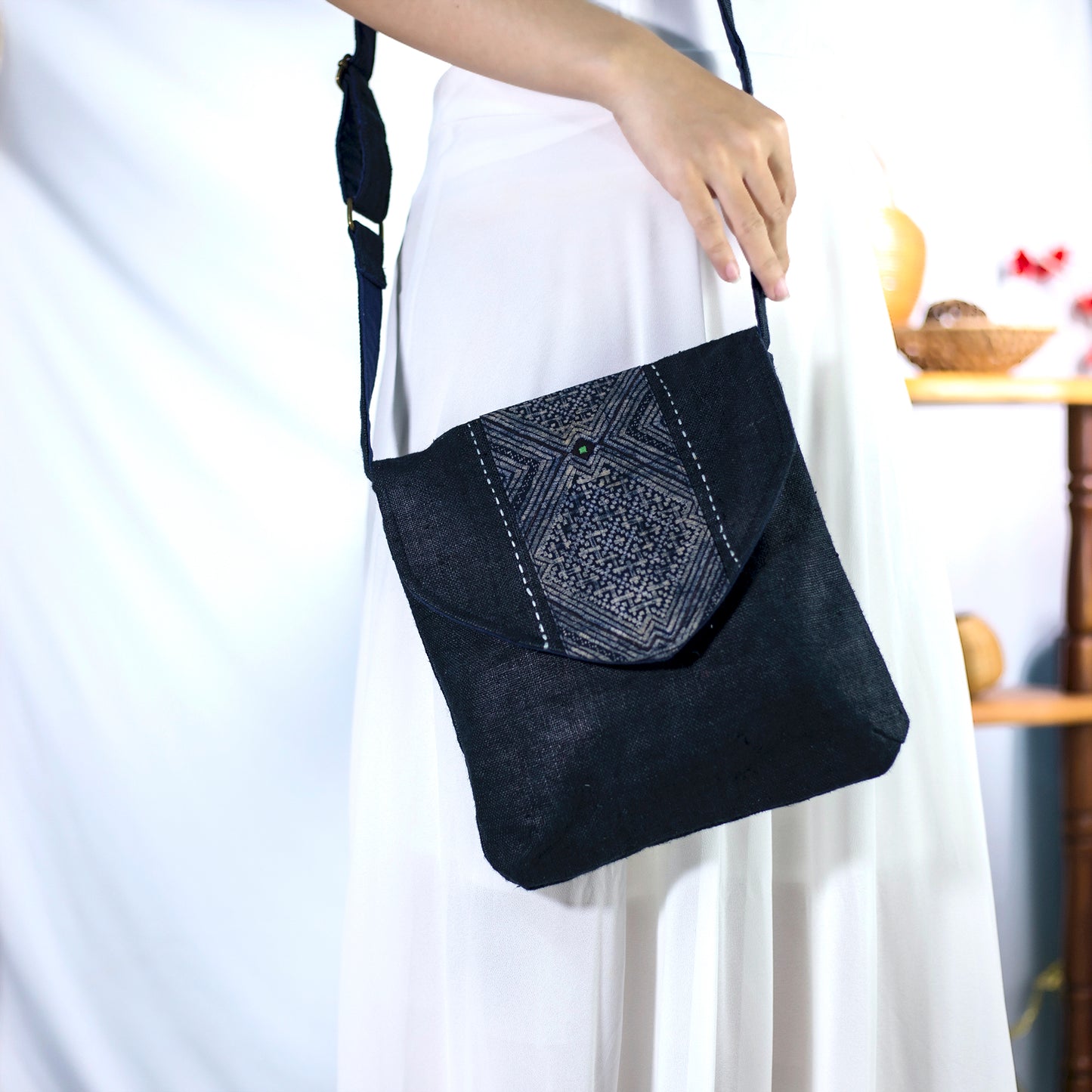 Purity Collection: Cross-body bag, natural hemp in BLACK with vintage patch