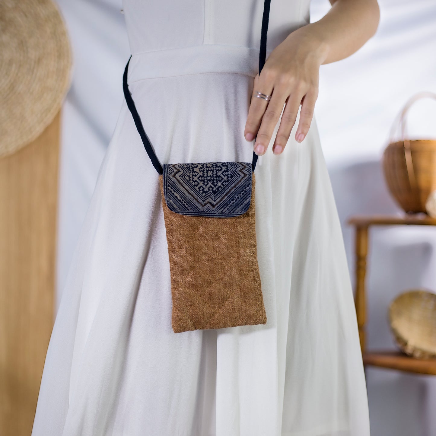 Cross-body phone bag, BROWN hemp with batik fabric